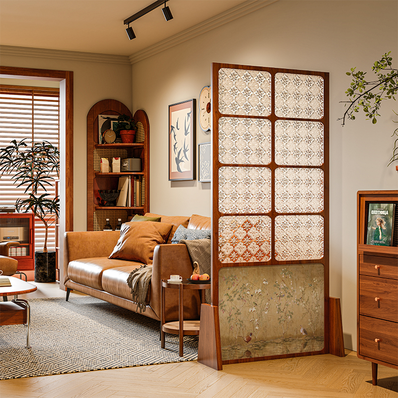 法式复古海棠花玻璃实木屏风隔断客厅装饰卧室可移动遮挡花鸟座屏