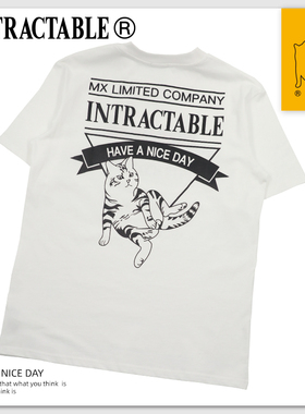 INTRACTABLE原创设计限量白色猫男女同款潮夏季刺绣印花短袖T恤