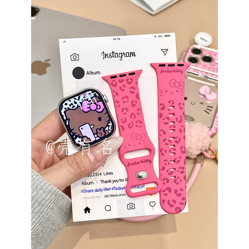 玫红豹纹猫咪表情适用苹果iwatchS11硅胶表带applewatchs10/S9软