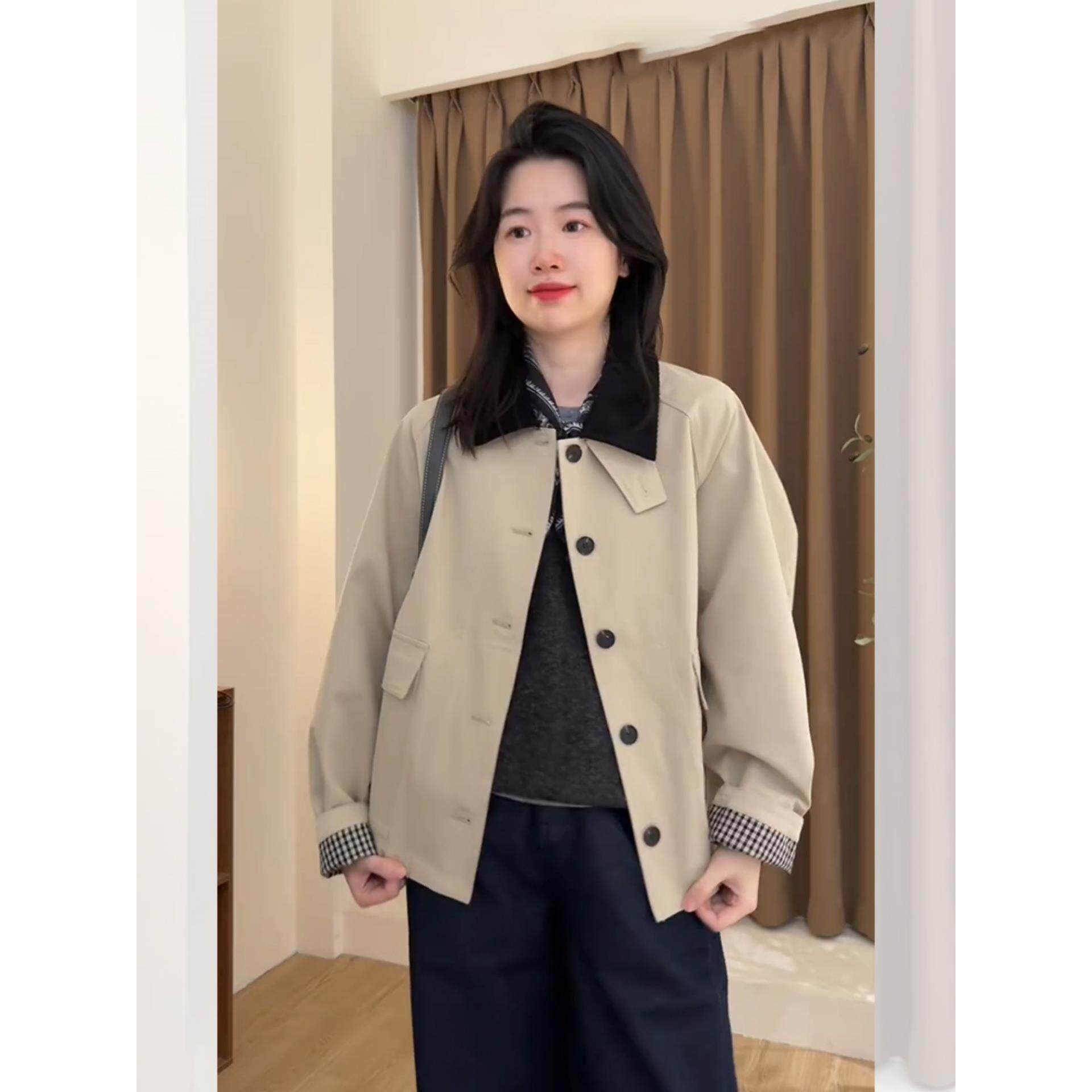 JOYIASS2025新款韩系拼色领短款风衣女装春秋高端大牌韩版翻领卡