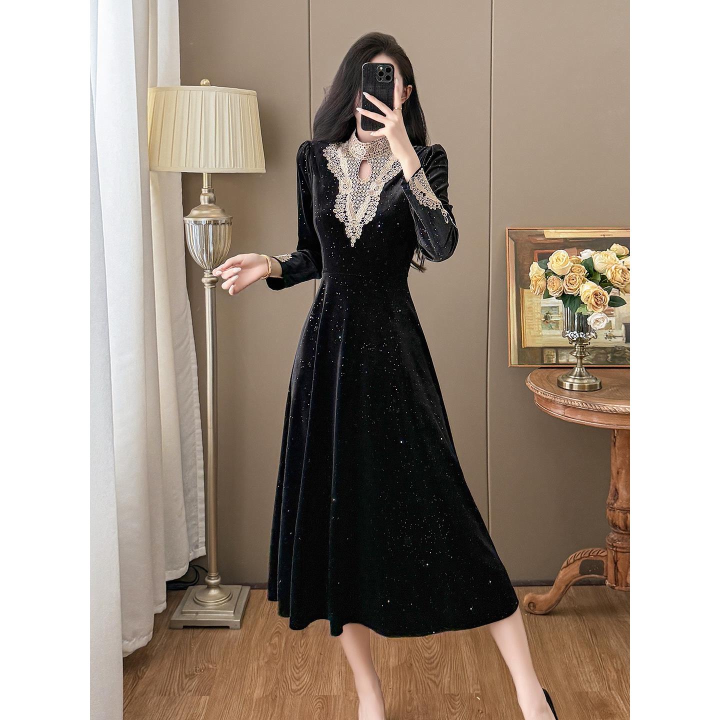 JOYIASS赫小本香风法式覆古优雅气质减龄亮片丝绒连衣裙黑色小礼