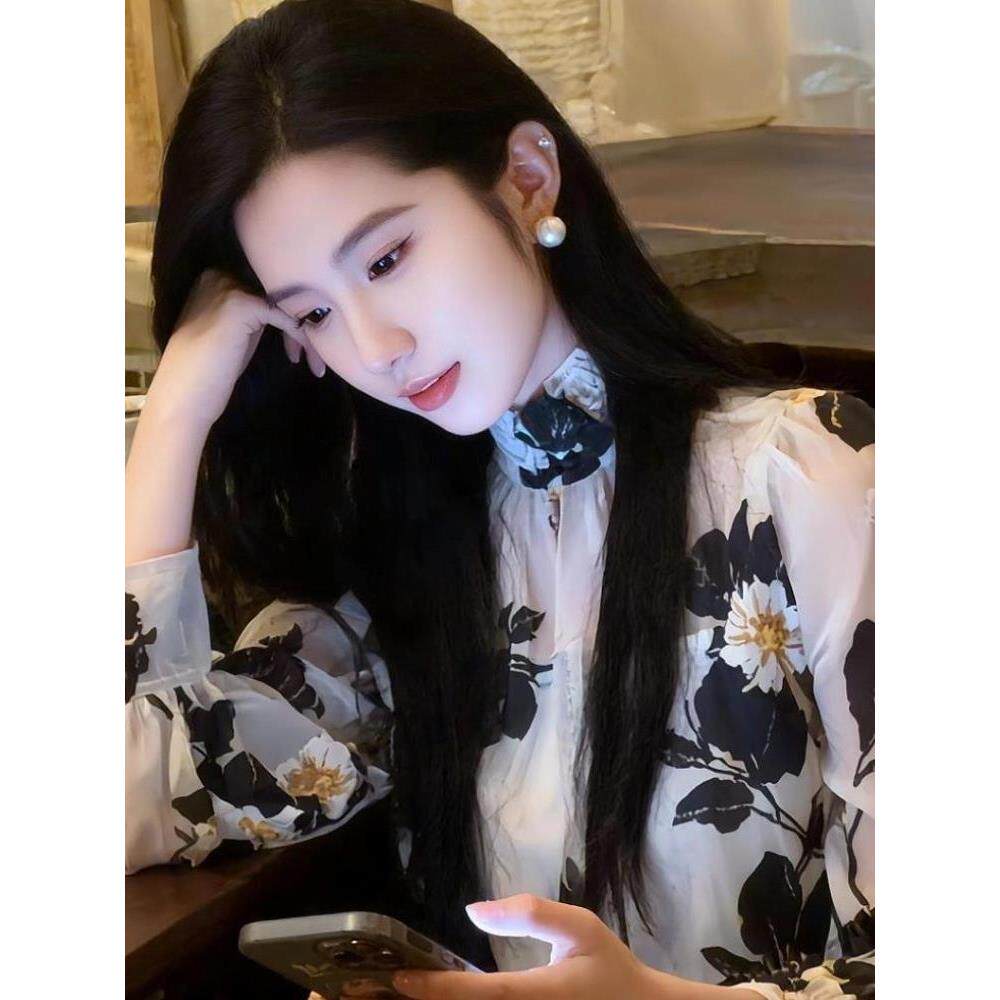 JOYIASS2025新款法式绝美印花高领长袖衬衫女装春秋清爽通勤气质