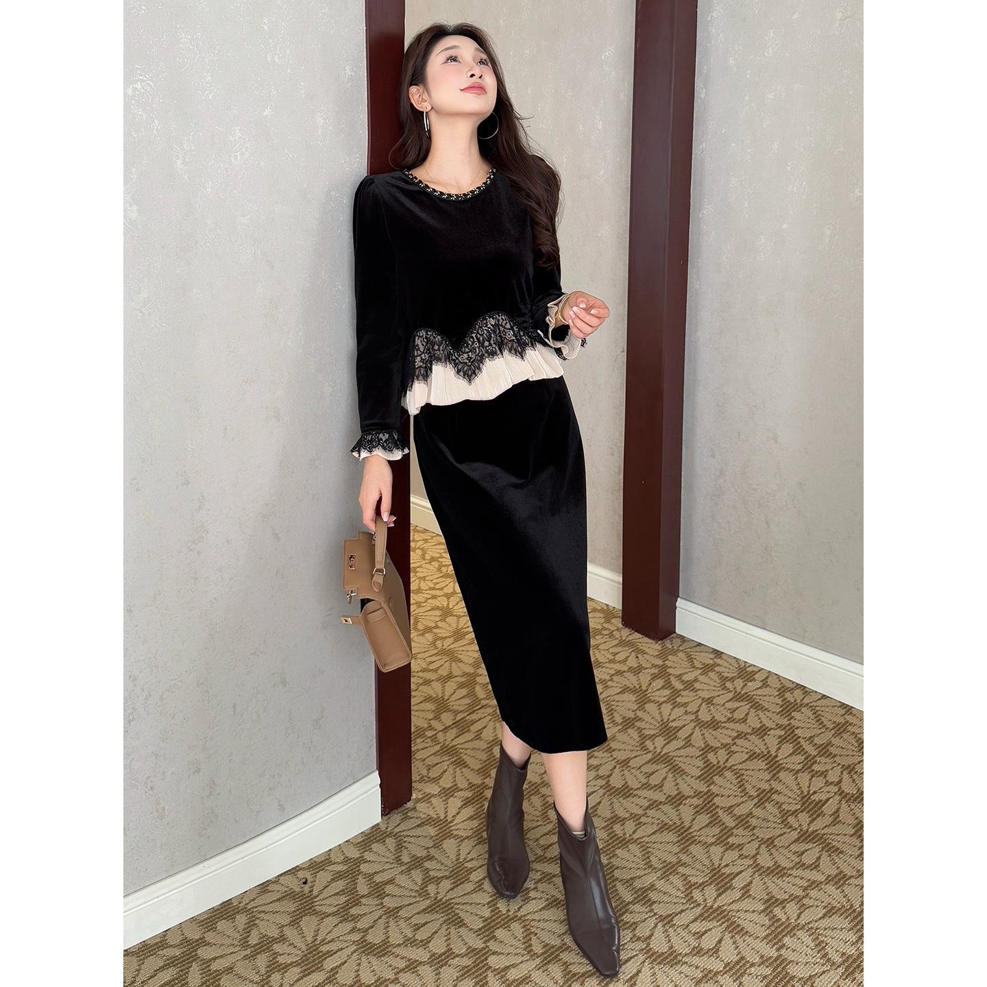 JOYIASS法式名媛气质减龄长袖蕾丝拼接不规则假两件丝绒连衣裙黑