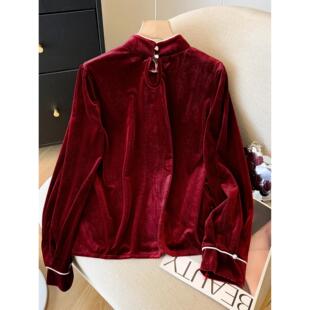 JOYIASS新中式国风独特别致上衣红色丝绒衬衫女高级感轻奢减龄洋