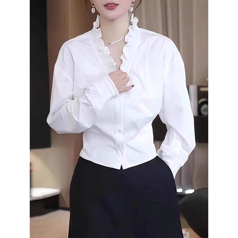 JOYIASS2025新款白色荷叶边v领长袖小衫衬衣女装春秋打底衫欧货漂