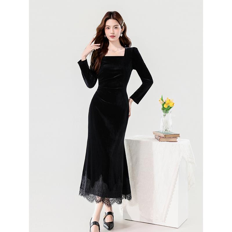 JOYIASS高级法式时尚覆古气质减龄长袖方领丝绒连衣裙黑色晚礼服