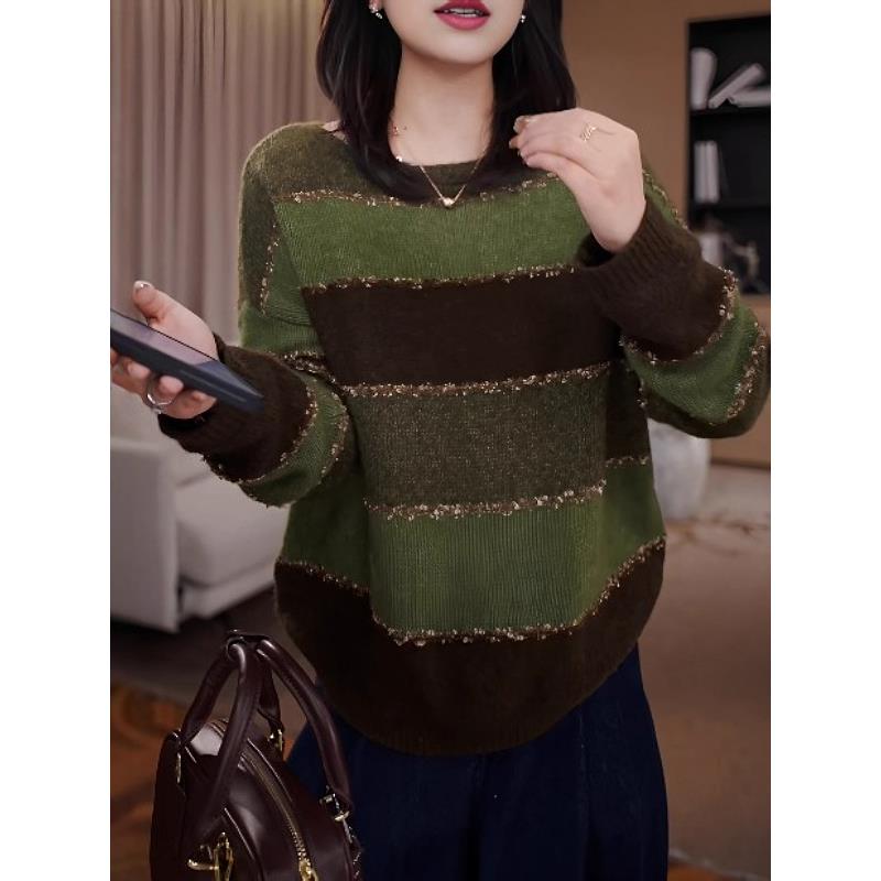 JOYIASS2025新款覆古绿咖条纹圆领套头毛衣女装春秋胖mm宽松显瘦