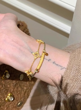 S925纯银同款复古精致镂空拉丝四叶草手链女气质百搭高级感锁骨