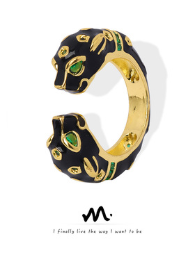 跨境新款个性铜材质黑豹镶钻珐琅彩釉开口戒指时尚小众设计饰品