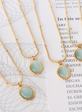 marka法式复古钛钢镀18k金ins饰品猫眼石椭圆吊坠项链女锁骨链