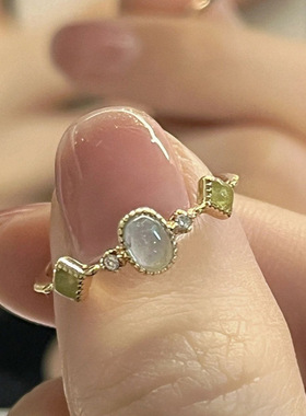 日系玻璃多彩宝石开口戒指女时尚简约可调节指环小红书同款