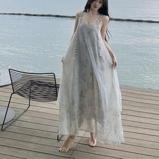 氣質名媛UUS韓版 國風仙女海邊沙灘長裙 度假約會派對連衣裙25夏季