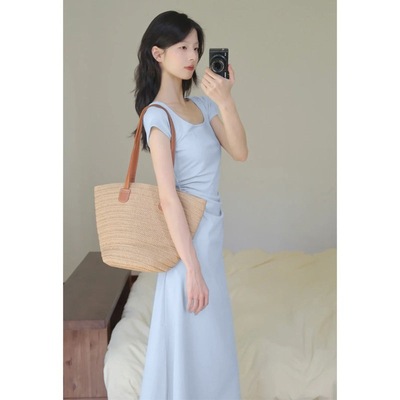 蓝色裙子女长款连衣裙夏季2025超火长裙修身清纯掐腰包臀裙