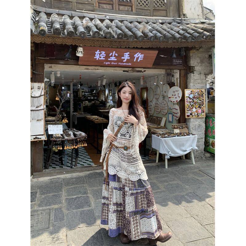 波西米亚度假风套装裙女款夏季镂空防晒针织罩衫印花半身裙