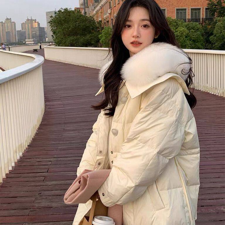 粉色大毛领羽绒棉服服女冬季2025韩系温柔加厚显瘦中长款外套