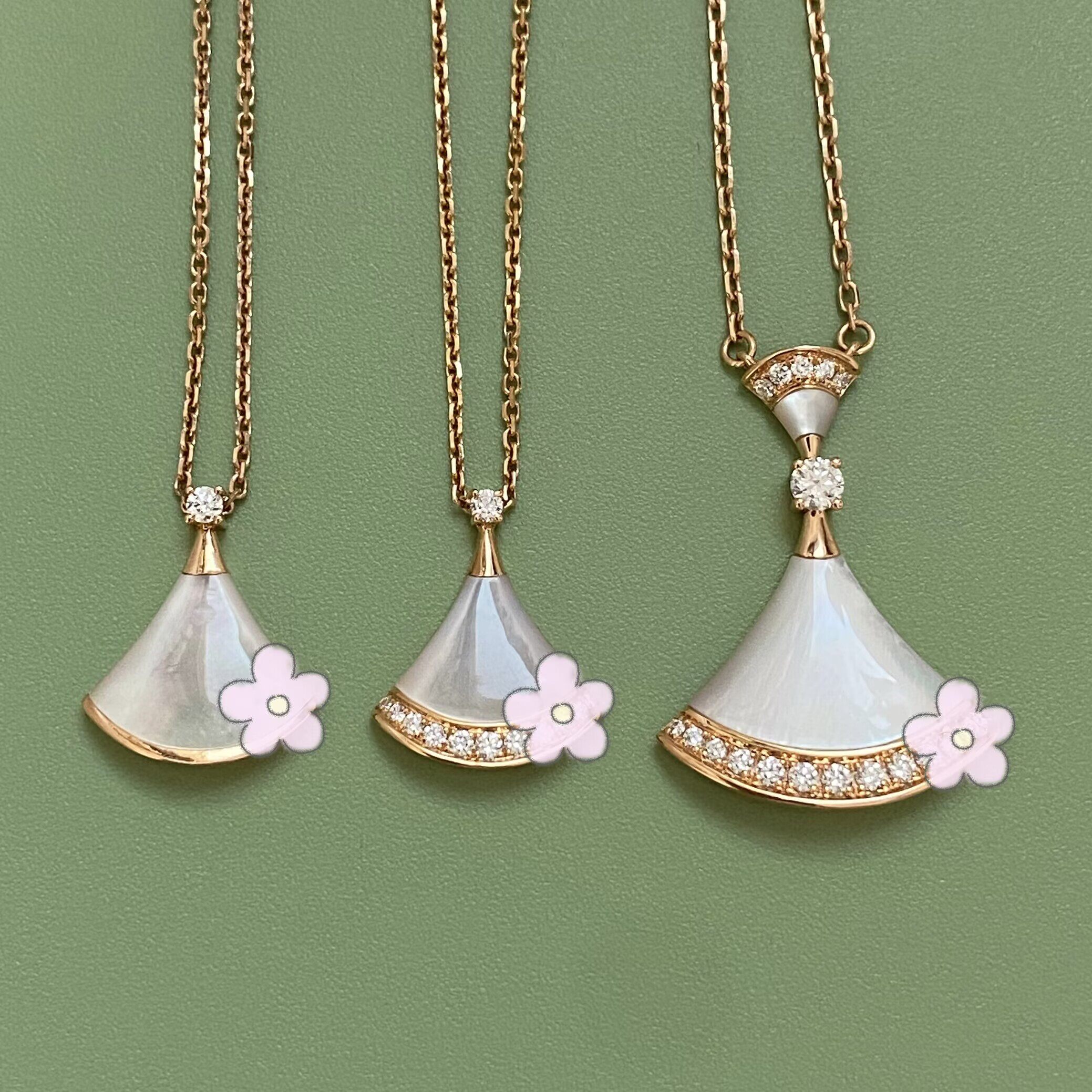 18k金天然钻石扇形小裙子底部钻小扇子项链玫瑰金白金满钻上下钻