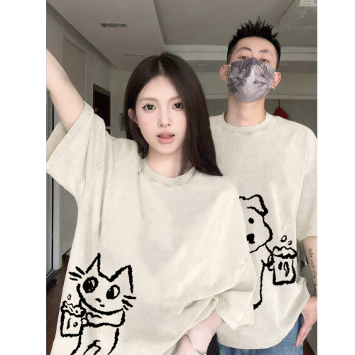 不一样的情侣装啤酒猫狗短袖t恤女男2026夏季创意高级感小众上衣