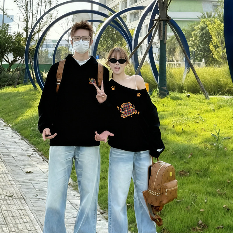 乔巴先生不一样的斜肩情侣装2025年早秋新款奔跑小狗印花卫衣外套