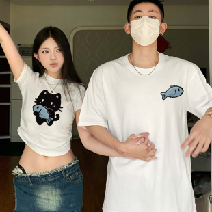 短袖 季 2025新款 特别 t恤 不一样情侣装 纯棉设计感一长一短款 夏装