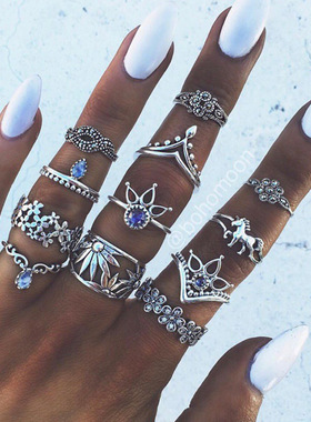 Vintage Pony Carving Lotus Diamond Set Women's Joint Ring