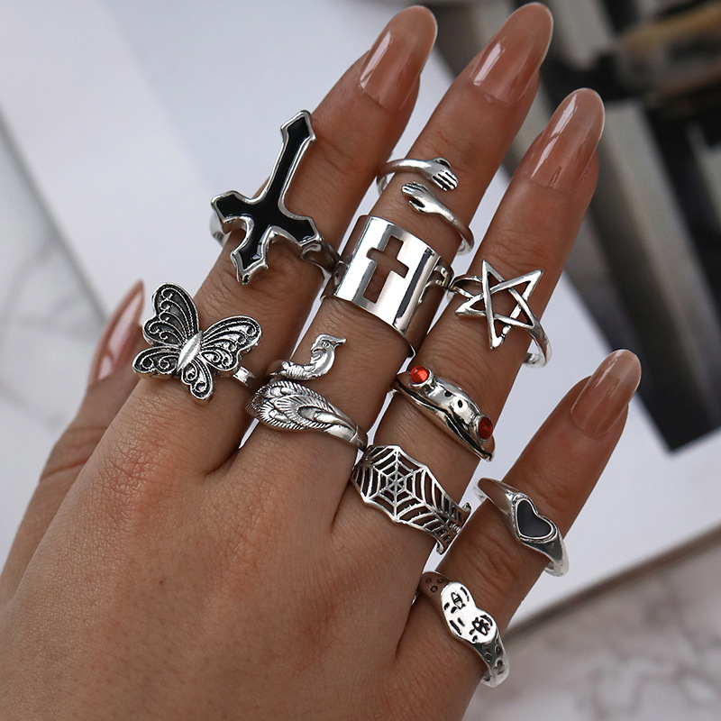 Cross Frog Peacock Butterfly Weeping Face finger Ring Set