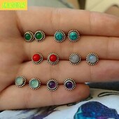 round 6pairs retro Fashion gemstone multicolor stud earrings