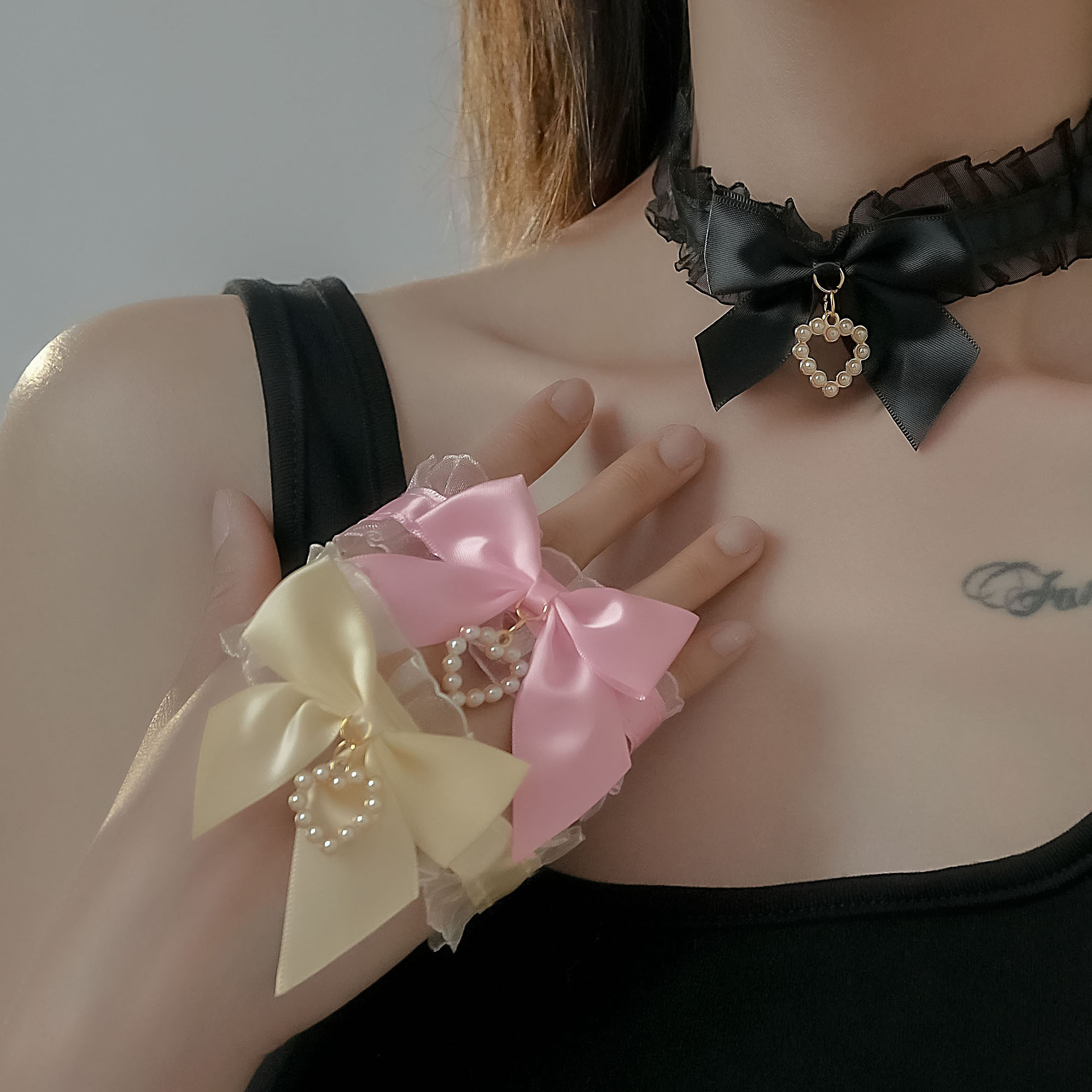 choker New jewelry Lolita pearl heart pendant bow necklace