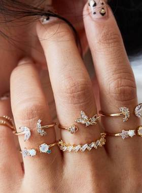 Bohemian diamonds butterfly flower Joint ring set women's