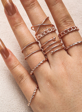 戒指Chain women simple Retro Multi Layer Open Joint Ring Set