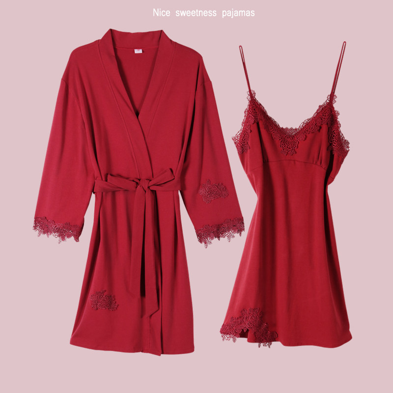 纯棉睡衣女春秋季晨袍红色新娘新郎结婚睡袍男女情侣带胸垫居家服