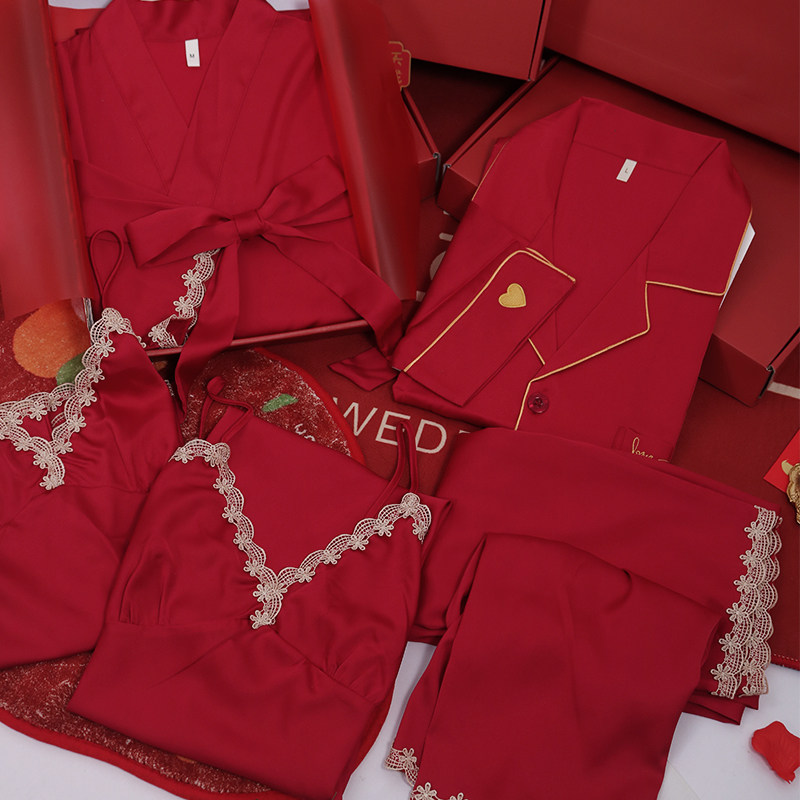 结婚睡衣女冰丝睡裙五件套红色喜庆新娘款花边纯色薄款家居服套装