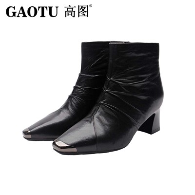 高图女靴冬款羊皮方头粗跟短靴