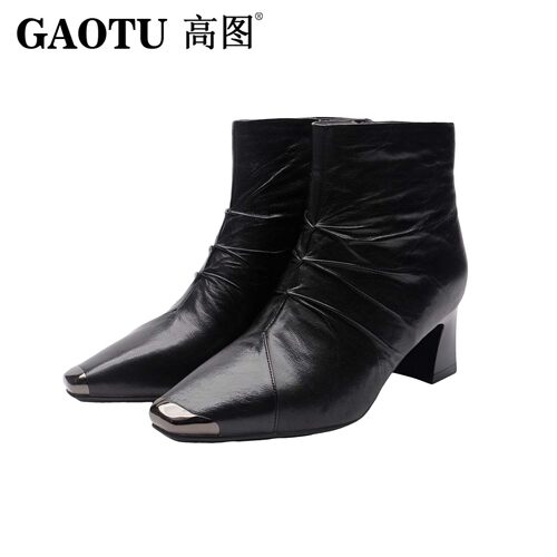 高图女靴冬款羊皮方头粗跟短靴