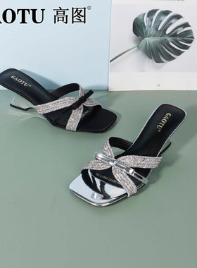 高图时装拖鞋女2025夏季新款水钻蝴蝶结异形跟一字拖鞋0586-32172