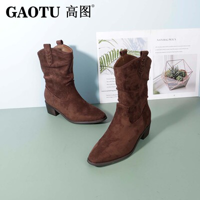 高图羊皮绒面尖头粗跟西部牛仔靴