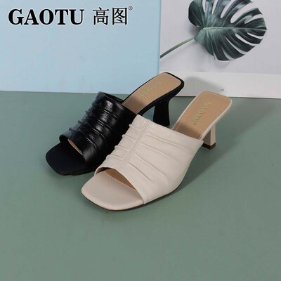 高图时尚真皮方跟简约一字拖鞋