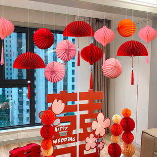 2026网红新房结婚布置中式纸灯笼客厅卧室婚房装饰套装背景墙挂件