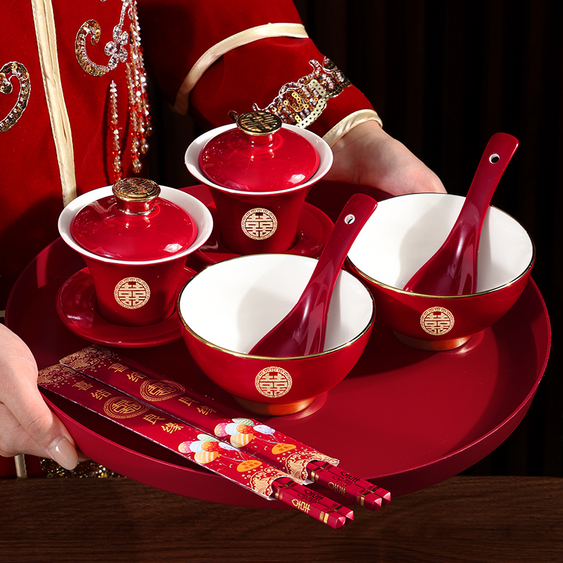 结婚敬茶杯喜碗套装中式碗勺筷