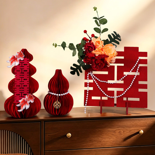 婚房布置立体喜字桌面花艺摆件