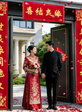 结婚植绒烫金自粘大门对联