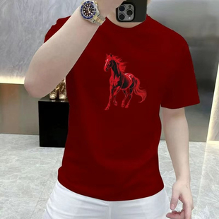 2026新年纯棉爆款新款马踏印花短袖T恤男士圆领高级上衣半袖打底