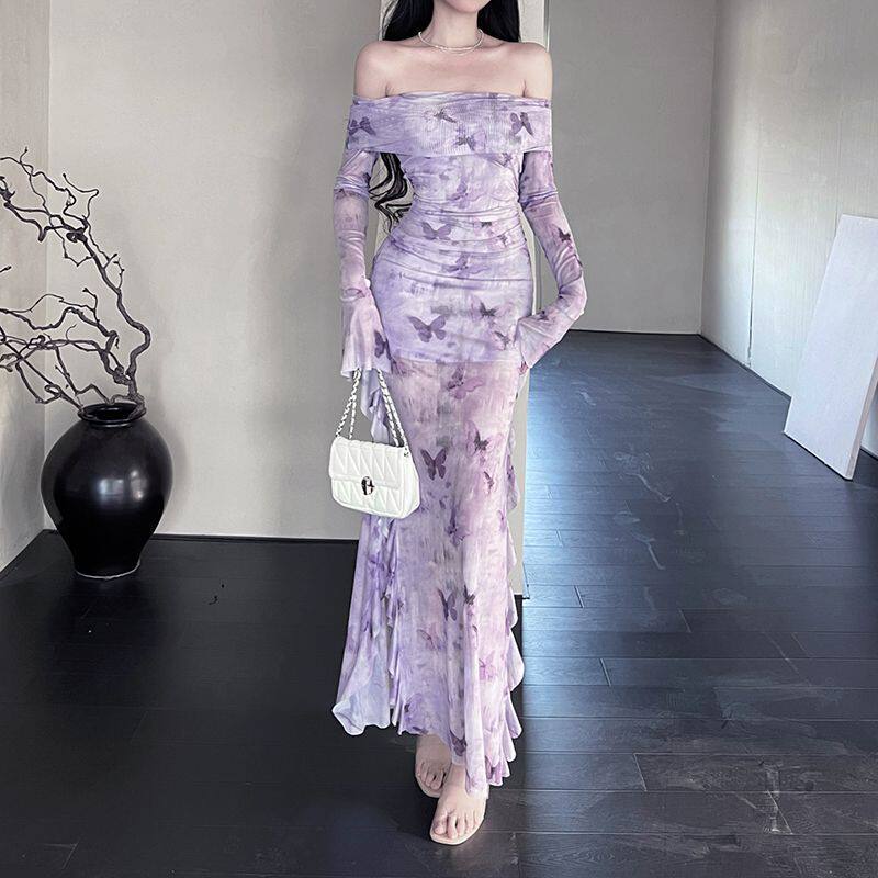 新中式一字肩网纱长袖连衣裙女夏季性感修身包臀鱼尾礼服旗袍长裙