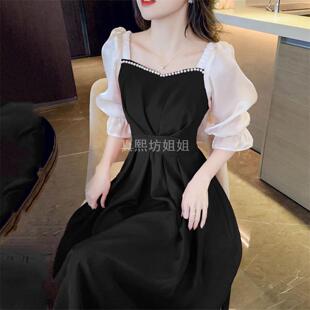 法式甜美气质系带连衣裙女夏季新款五分袖显瘦红色晚礼服大摆裙