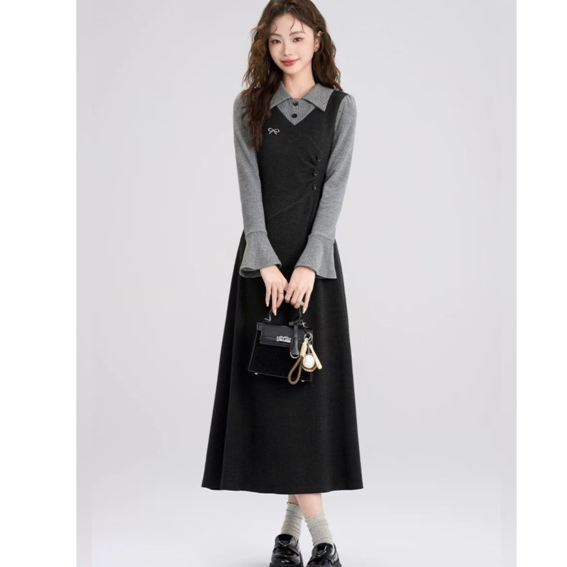 法式复古针织连衣裙感女秋冬季新款大码胖mm假两件黑色长裙子女装