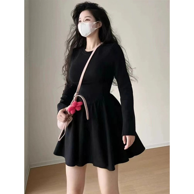 法式黑色长袖连衣裙女