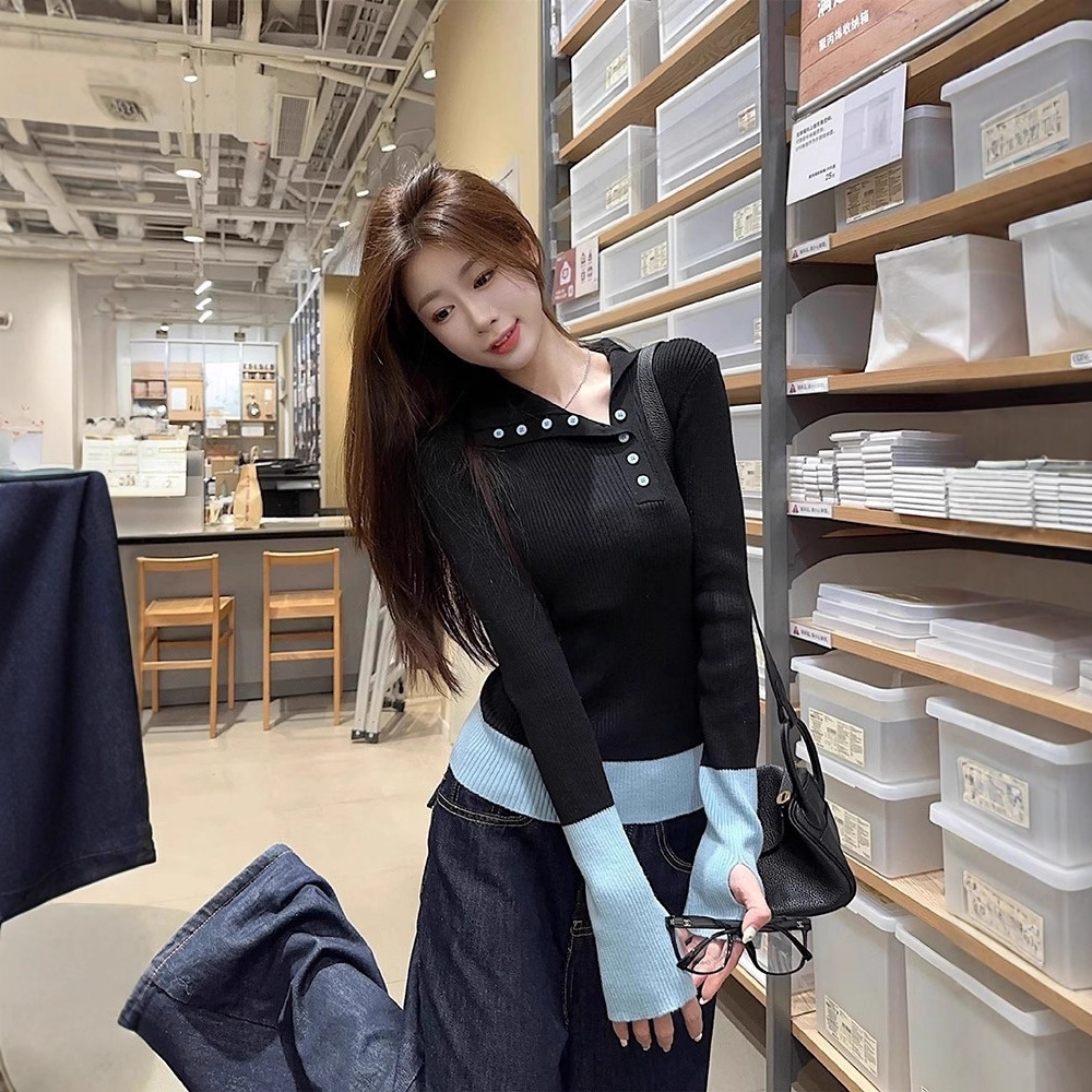 安迪绒撞色纽扣长袖针织衫女秋冬内搭毛衣打底衫设计感小众上衣