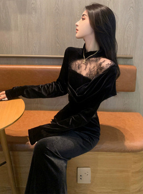 生日礼服裙宴会女气质蕾丝长裙富家千金感穿搭黑色丝绒连衣裙秋冬