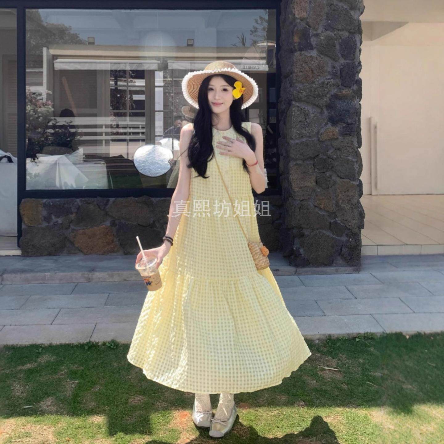 法式袖背心黄色连衣裙女夏季新款