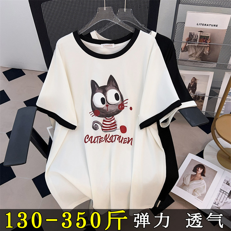 特大码卡通印花短袖T恤女夏季新款200斤胖mm显瘦韩版圆领正肩上衣