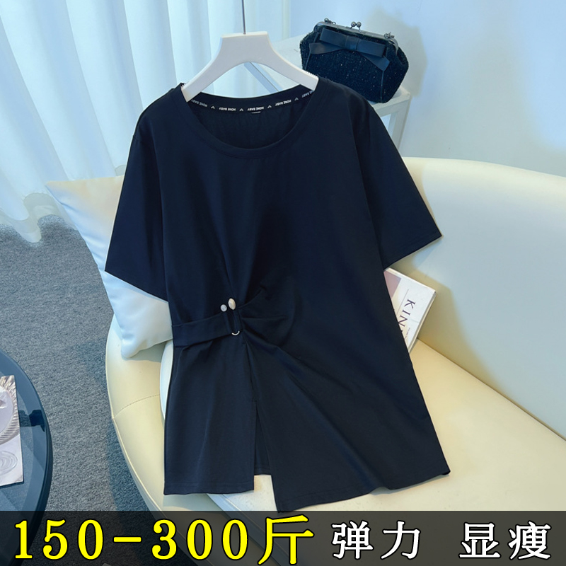 特大码不规则开叉短袖T恤女遮肚子显瘦200斤胖mm宽松收腰正肩上衣
